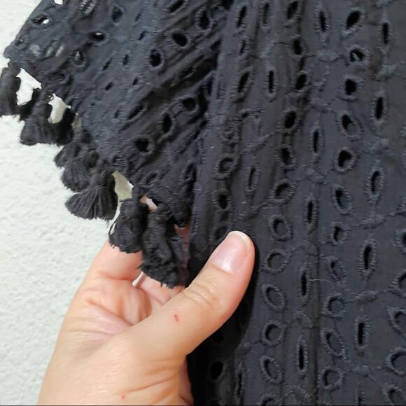 Lark & Ro Black Eyelet Fringe Trim Shift Dress Womens XS Pom Pom Whimsigoth - Picture 5 of 10